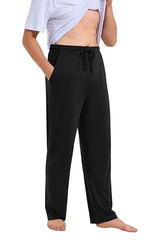 Dosieyeo Herren Schlafanzughose Lang Pyjamahose Leicht Luftig Freizeithose mit Taschen Elastische Relax Loungehose für Männer schwarz,XL von Dosieyeo