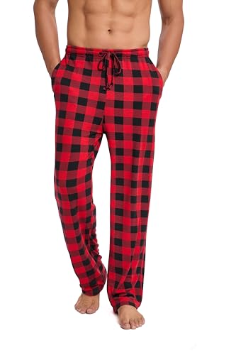 Dosieyeo Herren Schlafanzughose Lange Karierte Pyjamahose Leicht Freizeithose mit Tasche Elastisch Relax Loungehose rot-schwarz,3XL von Dosieyeo