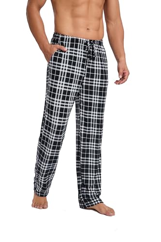 Dosieyeo Schlafanzughose Herren Lang Karierte Schlafhose Gummibund Pyjamahose mit Taschen Kordelzug Leicht Freizeithose weiß-schwarz,XL von Dosieyeo