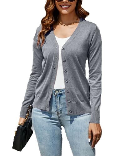 Dosieyeo Strickjacke Damen Langarm Feinstrick Cardigan mit Knöpfen Elegant V Ausschnitt Strickweste Leichte Übergangsjacke grau,S von Dosieyeo