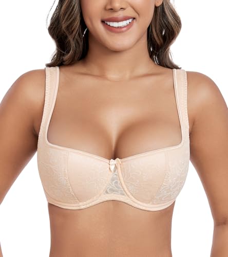 DotVol Damen Balconette BH Große Größen Unterwäsche Breite Träger Leicht Gepolstert Lingerie mit Bügel Spitzen(Beige,90D) von DotVol