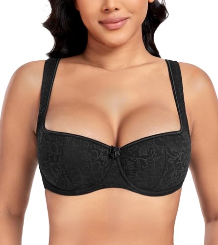 DotVol Damen Balconette BH Große Größen Unterwäsche Breite Träger Leicht Gepolstert Lingerie mit Bügel Spitzen(Schwarz,90D) von DotVol