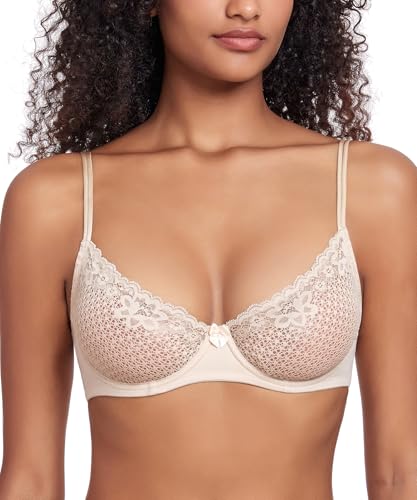DotVol Damen Balconette BH Netzspitze Transparente Unterwäsche mit Bügel Bralette Ungepolstert Bra(Beige, 80D) von DotVol