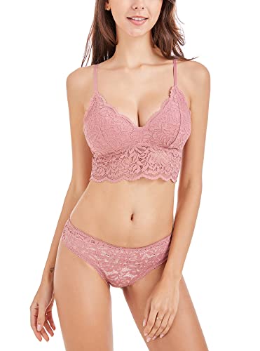 DotVol Damen Blumen Spitze Bralette Abnehmbare Polsterung Triangel Cup Ohne Bügel BH und Panty Set(EU L/Tag XL, Rosa) von DotVol