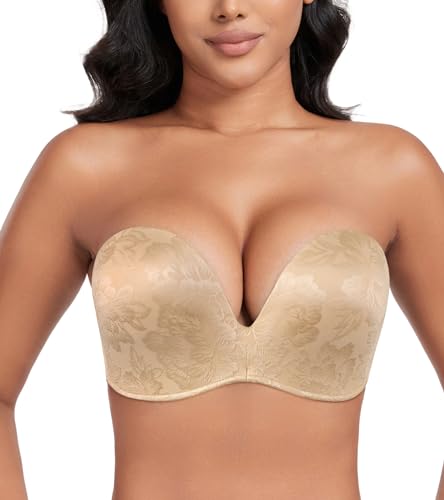 DotVol Damen Flügel-Design Push Up Bra Trägerloser BH Komfort Bügellos Unsichtbare Wirefree Anti-Rutsch BH(Blume Beige,80C) von DotVol