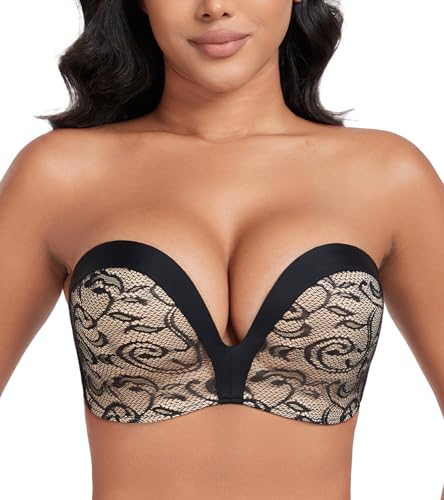 DotVol Damen Flügel-Design Push Up Bra Trägerloser BH Komfort Bügellos Unsichtbare Wirefree Anti-Rutsch BH(Blume Schwarz,70B) von DotVol