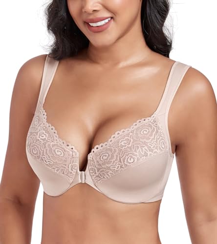 DotVol Damen Große Größen BH Vollschalen Ungepolster U-Rücken BH mit Breiten Trägern Floraler Spitze BH Soft Cup Bra(Beige,100D) von DotVol