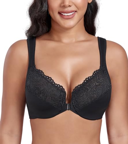 DotVol Damen Große Größen BH Vollschalen Ungepolster U-Rücken BH mit Breiten Trägern Floraler Spitze BH Soft Cup Bra(Schwarz,100C) von DotVol