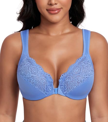 DotVol Damen Große Größen BH Vollschalen Ungepolster U-Rücken BH mit Breiten Trägern Floraler Spitze BH Soft Cup Bra(Blau,75F) von DotVol