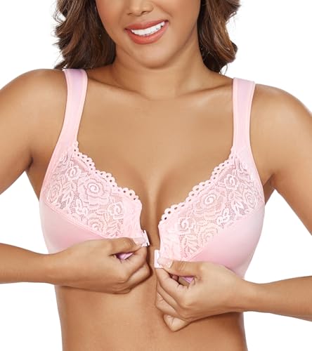 DotVol Damen Große Größen BH Vollschalen Ungepolster U-Rücken BH mit Breiten Trägern Floraler Spitze BH Soft Cup Bra(Rosa,75G) von DotVol