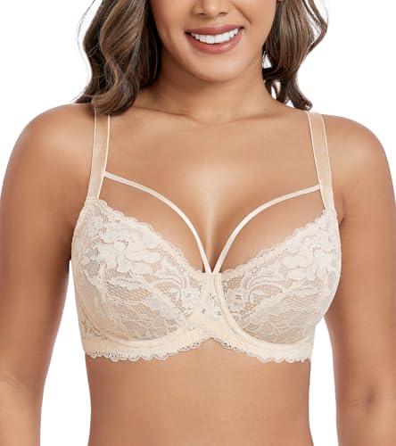 DotVol Damen Große Größen Minimizer BH Durchsichtige Ungepolsterte Spitze Unterwäsche Alltag Bra mit Schnürung(Beige, 70F) von DotVol