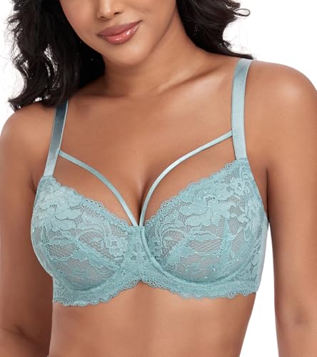 DotVol Damen Große Größen Minimizer BH Durchsichtige Ungepolsterte Spitze Unterwäsche Alltag Bra mit Schnürung(Blaugrün, 75C) von DotVol