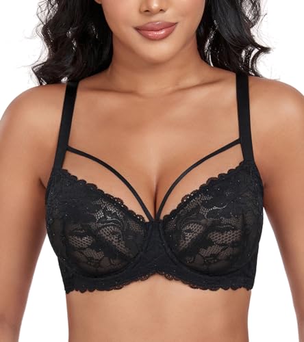 DotVol Damen Große Größen Minimizer BH Durchsichtige Ungepolsterte Spitze Unterwäsche Alltag Bra mit Schnürung(Schwarz, 75D) von DotVol