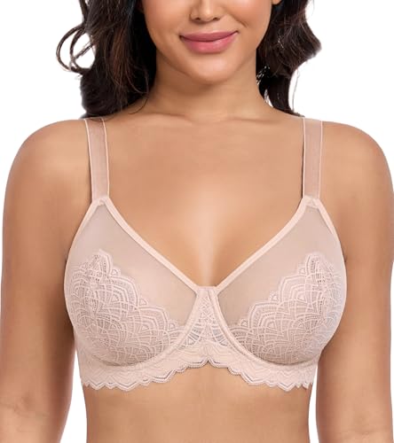 DotVol Damen Große Größen Spitze Sheer Bügel Ungepolster Jeden Tag Minimizer BH(Beige, 80E) von DotVol