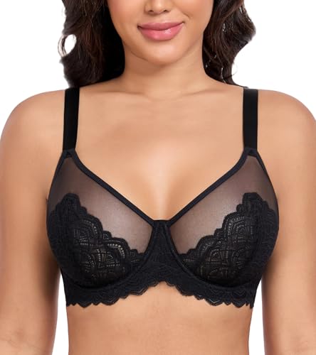 DotVol Damen Große Größen Spitze Sheer Bügel Ungepolster Jeden Tag Minimizer BH(Schwarz, 75D) von DotVol