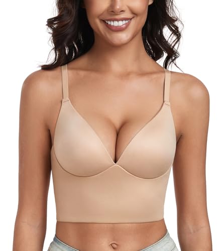 DotVol Damen Pullover Plunge BH Bequemer Leicht Polsterter Bra für Frauen Ohne Bügel Große Größen Unterwäsche Alltag BH(70C,Beige) von DotVol