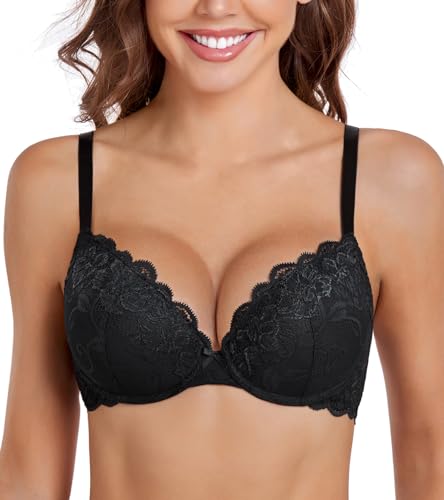 DotVol Damen Push Up BH mit Bügel Blumen Spitze Schalen Unterwäsche Gepolstert Elegant T-Rücken BH(Schwarz, 75A) von DotVol