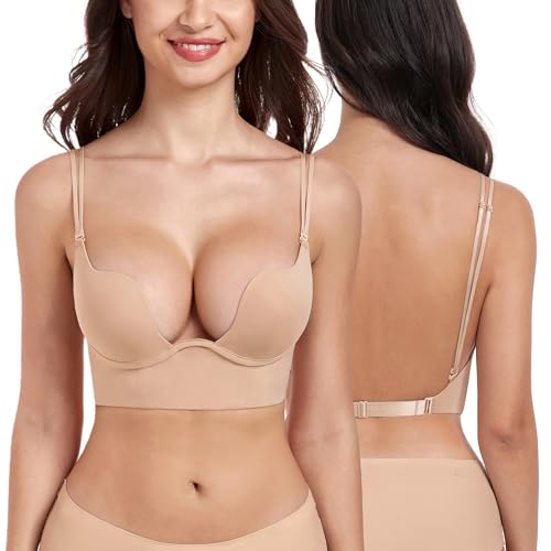 DotVol Damen Rückenfrei Multiway BH Doppelte Träger Push Up Bra Tiefer U-Ausschnitt Unterwäsche(Doppel Beige, 90C) von DotVol
