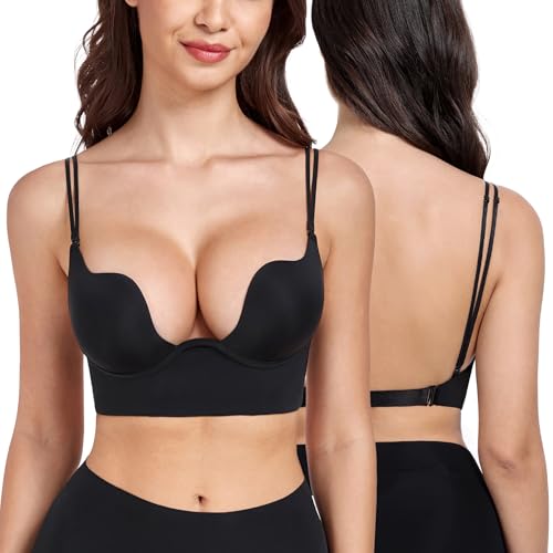 DotVol Damen Rückenfrei Multiway BH Doppelte Träger Push Up Bra Tiefer U-Ausschnitt Unterwäsche(Doppel Schwarz, 75C) von DotVol