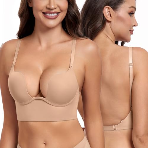 DotVol Damen Rückenfrei Multiway BH Niedrigem Rücken Push Up Bra Tiefer U-Ausschnitt Unterwäsche(Beige, 80A) von DotVol