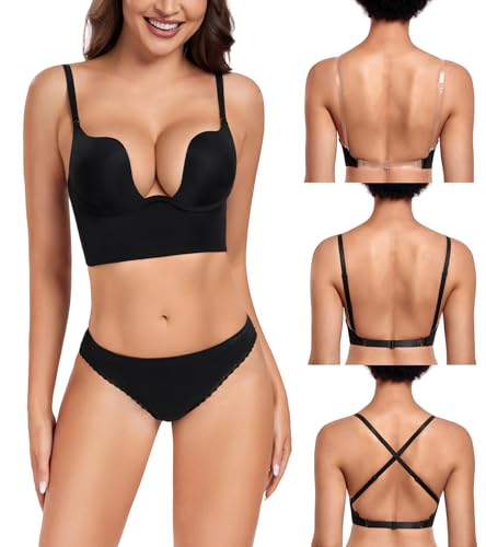 DotVol Damen Rückenfrei Multiway BH Niedrigem Rücken Push Up Bra Tiefer U-Ausschnitt Unterwäsche(Schwarz, 85D) von DotVol