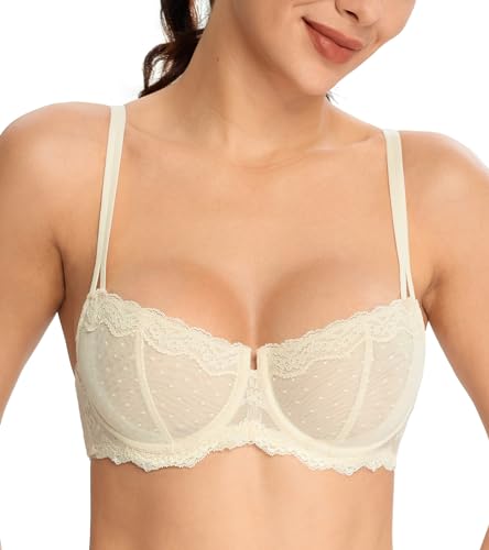 DotVol Damen Spitze Balconette BH Push Up Ungepolste Unterwäsche Convertible Multiway Bra Große Größen(Beige, 70E) von DotVol