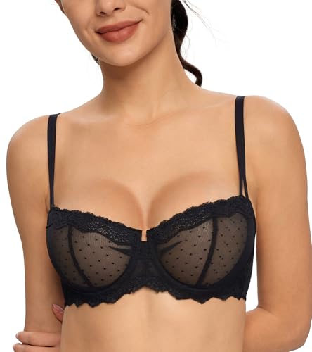 DotVol Damen Spitze Balconette BH Push Up Ungepolste Unterwäsche Convertible Multiway Bra Große Größen(Schwarz, 70C) von DotVol