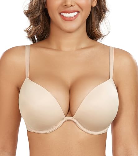 DotVol Damen Tief V-Ausschnitt Push up BH Gepolsterte BH mit Bügel Alltag Unterwäsche Bra(Beige, 80B) von DotVol