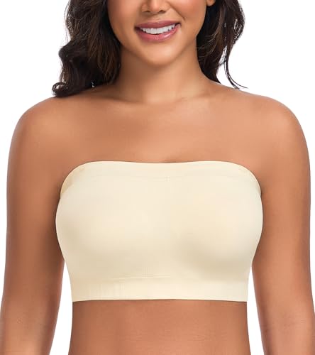 DotVol Damen Trägerloser BH Bandeau Tube Bra ohne Bügel Große Größen leicht gepolstert Bralette Unterwäsche(Beige, M) von DotVol