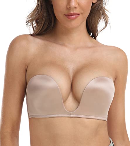 DotVol Damen Trägerloser BH Push Up Tief U Bra Gepolstert Rückenfrei Bra mit Abnehmbare Träger unsichtbar Multiway BH(75A,Beige) von DotVol