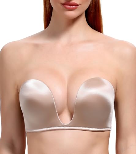 DotVol Damen Trägerloser BH Push Up Tief U Bra Gepolstert Rückenfrei Bra mit Abnehmbare Träger unsichtbar Multiway BH(85B,Beige) von DotVol