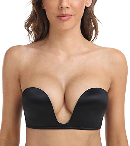 DotVol Damen Trägerloser BH Push Up Tief U Bra Gepolstert Rückenfrei Bra mit Abnehmbare Träger unsichtbar Multiway BH(85C,Schwarz) von DotVol