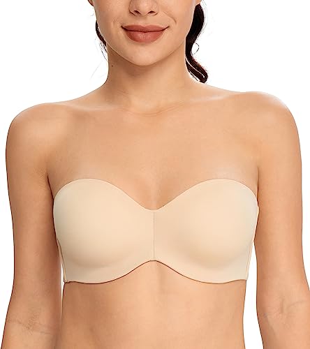 DotVol Damen Trägerloser BH Push Up mit Bügel Trägerlos Bandeau T-Shirt BH Große Größen Ungepolstert Minimizer BH(Beige, 70E) von DotVol