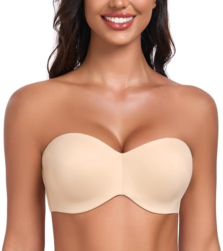 DotVol Damen Trägerloser BH Push Up mit Bügel Trägerlos Bandeau T-Shirt BH Große Größen Ungepolstert Minimizer BH(Beige, 70E) von DotVol
