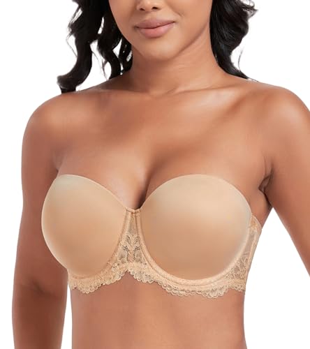 DotVol Damen Trägerloser BH Rückenfrei Ohne Träger Push Up Büstenhalter mit Geformte Cups(100E,Spitze Beige) von DotVol