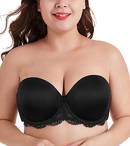 DotVol Damen Trägerloser BH Rückenfrei Ohne Träger Push Up Büstenhalter mit Geformte Cups(75E,Spitze Schwarz) von DotVol