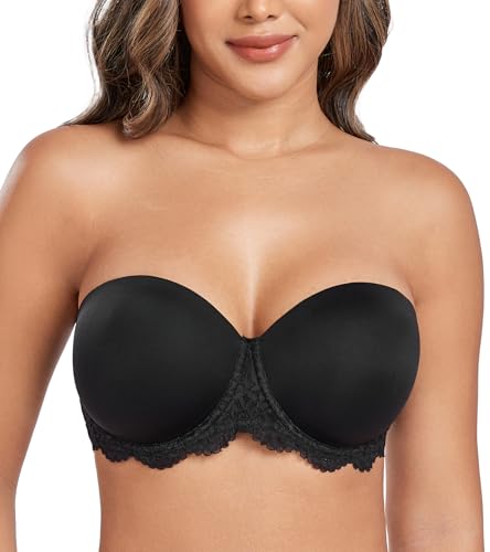 DotVol Damen Trägerloser BH Rückenfrei Ohne Träger Push Up Büstenhalter mit Geformte Cups(90E,Spitze Schwarz) von DotVol