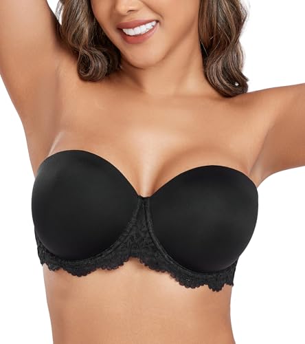 DotVol Damen Trägerloser BH Rückenfrei Ohne Träger Push Up Büstenhalter mit Geformte Cups(90F,Spitze Schwarz) von DotVol