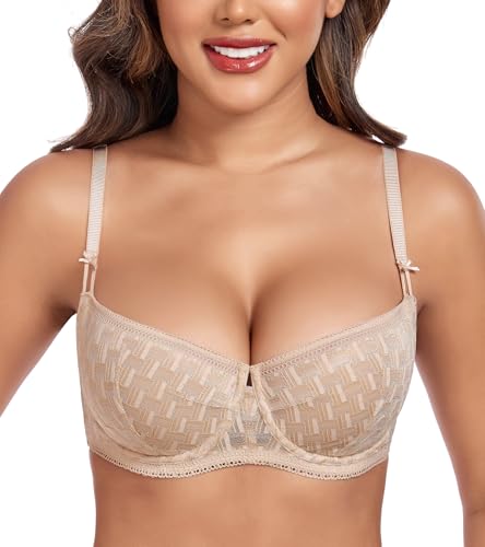 DotVol Damen Transparent Spitze Sheer Bügel Demi Ungepolster Balconette BH(Beige,80D) von DotVol