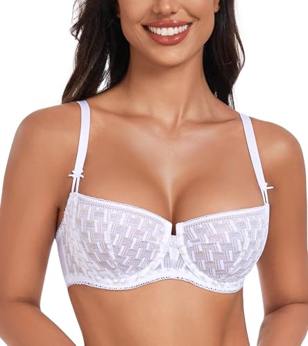 DotVol Damen Transparent Spitze Sheer Bügel Demi Ungepolster Balconette BH(Weiß,70C) von DotVol