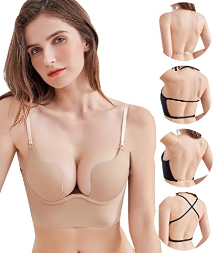 DotVol Damen U Bügel Push Up BH Tief V-Ausschnitt Komfort Gepolstert Rückenfrei Bra(Gepolstert Beige,75D) von DotVol