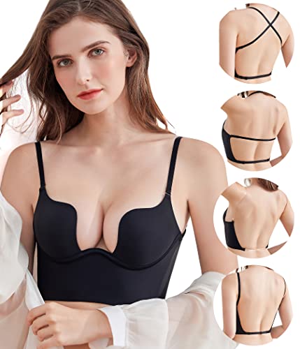 DotVol Damen U Bügel Push Up BH Tief V-Ausschnitt Komfort Gepolstert Rückenfrei Bra(Gepolstert Schwarz,75B) von DotVol
