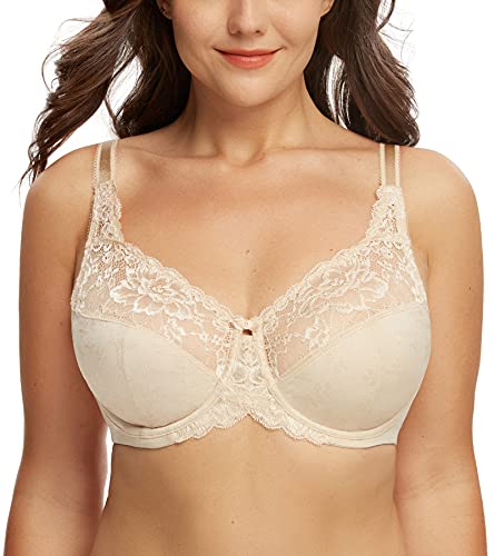 DotVol Damen Vollschalen Spitze Blumen Ungepolstert Bügel Jeden Tag Minimizer BH (Beige, 75E) von DotVol