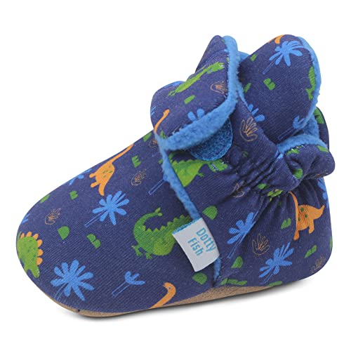 Dotty Fish Baby Stiefel für den Winter - Warme, rutschfeste Krabbelschuhe aus Baumwolle mit Wildeledersohle. Marineblau mit Dinosauriern. 18-24 Monate von Dotty Fish