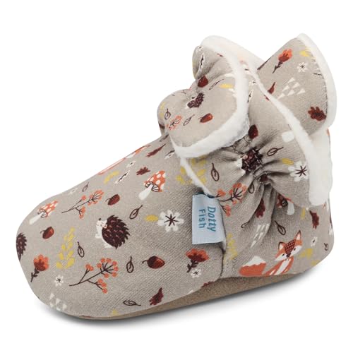 Dotty Fish Baby Stiefel für den Winter - Warme, rutschfeste Krabbelschuhe aus Baumwolle mit Wildeledersohle. Braun mit Waldtieren. 6-12 Monate von Dotty Fish