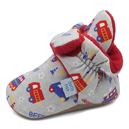 Dotty Fish Baby Stiefel für den Winter - Warme, rutschfeste Krabbelschuhe aus Baumwolle mit Wildeledersohle. Grau mit Zügen und Autos. 0-6 Monate von Dotty Fish