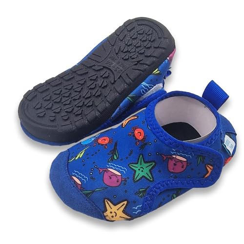 Dotty Fish Barfuß-Schwimmschuhe für Babys und Kinder – rutschfeste Wasserschuhe – schnelltrocknend mit Gummisohle, leicht und flexibel Aquaschuhe, Verstellbarer Verschluss – Meerestiere - 23-24 EU von Dotty Fish