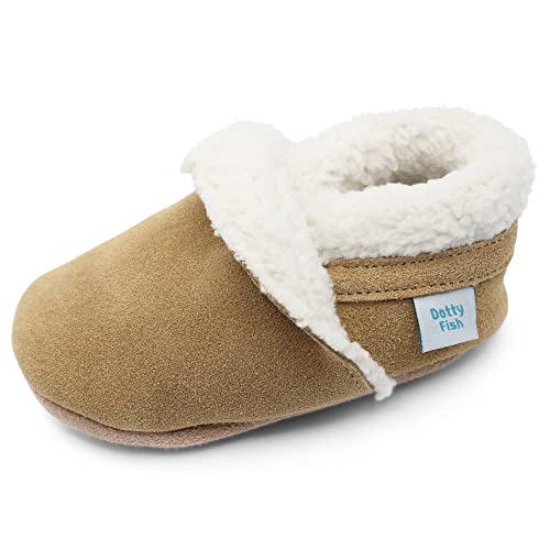 Dotty Fish Hausschuhe für Babys und Kleinkinder. Pantoffeln. Kinderschuhe. Krabbelschuh aus Wilderleder. Plüsch Warmes Fleecefutter. Hellbraun. 5-6 Jahre (29 EU) Jungen. Mädchen von Dotty Fish