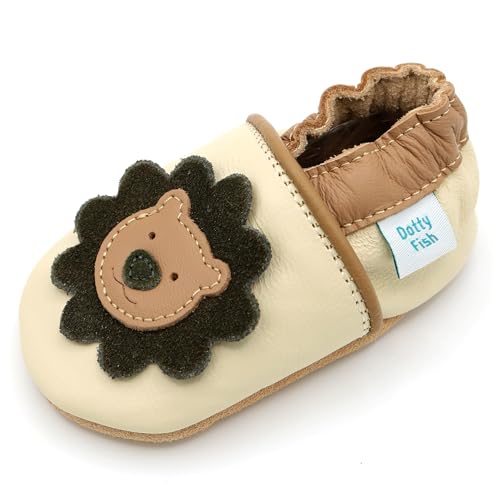 Dotty Fish Krabbelschuhe aus Leder – rutschfeste, weiche Sohle, Barfußgefühl, Lauflernschuhe & Babyschuhe für Jungen und Mädchen. Creme Löwe. 18-24 Monate (23 EU) von Dotty Fish