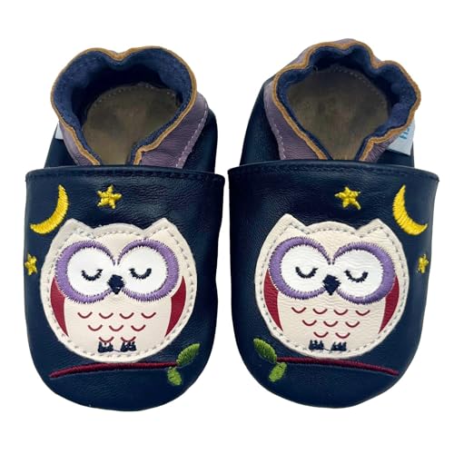 Dotty Fish Krabbelschuhe aus Leder – rutschfeste, weiche Sohle, Barfußgefühl, Lauflernschuhe & Babyschuhe für Mädchen. Dunkelmarineblaue Eule. 2-3 Jahre (25 EU) von Dotty Fish